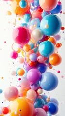This design features a cascade of bright and pastel balloons in differing sizes, set on a white background, providing a playful and cheerful atmosphere with a 3D appearance