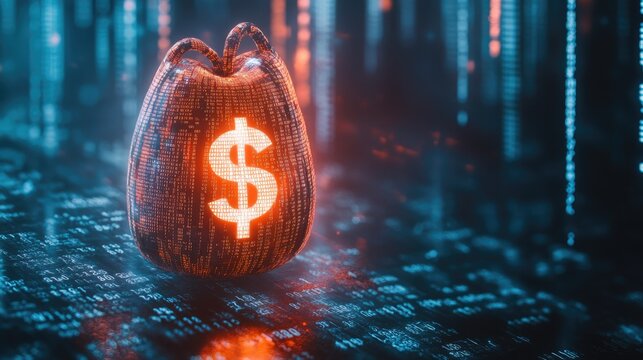 A glowing digital moneybag with a prominent dollar sign floats against a backdrop of binary code, symbolizing role in managing finances and digital transactions.