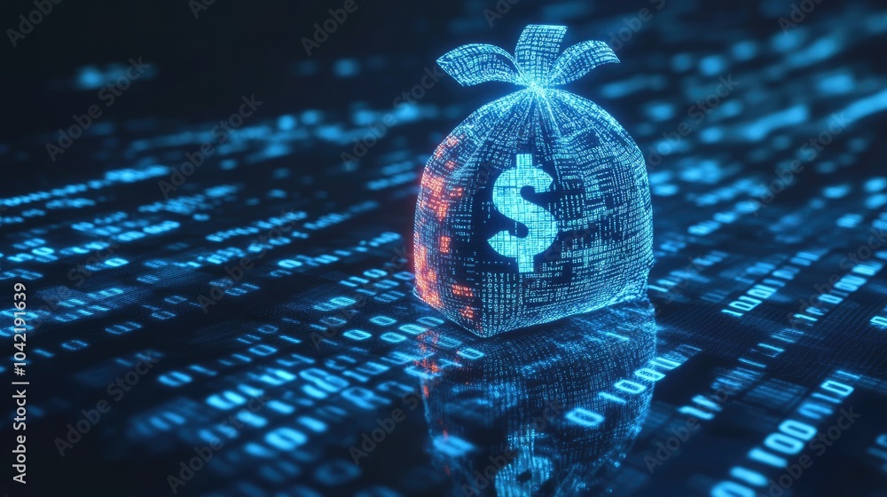 Poster a holographic moneybag with a dollar sign is projected in front of binary code, symbolizing ai-drive