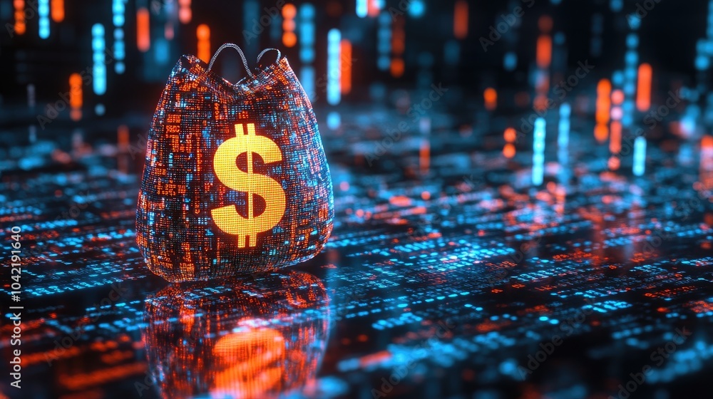 Poster a holographic moneybag with a dollar sign is projected in front of binary code, symbolizing ai-drive