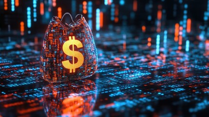 A holographic moneybag with a dollar sign is projected in front of binary code, symbolizing AI-driven financial solutions in the digital age.