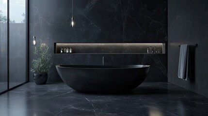 A luxurious black marble bathroom with sleek decor and a modern, elegant bathtub, creating a sophisticated and serene atmosphere.