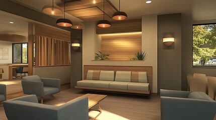 Fototapeta premium A modern waiting area in a doctor's office with a cozy vibe, featuring soft cushions, relaxing colors, and ambient lighting for a comfortable patient experience.