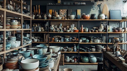 Shelves filled with pottery and ceramic goods