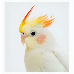 Cockatiel bird with colorful crest on white background.