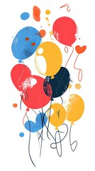 This illustration features a colorful cluster of balloons, showcasing a variety of hues against a bright white background, evoking feelings of joy and fun