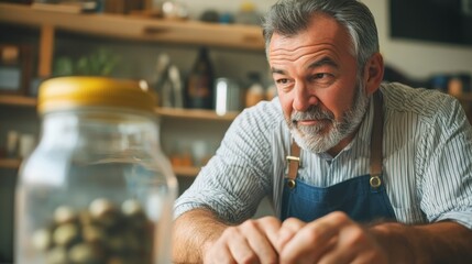 A thoughtful mature man in a blue apron is looking away from the camera. A glass jar filled with coins is in the foreground.