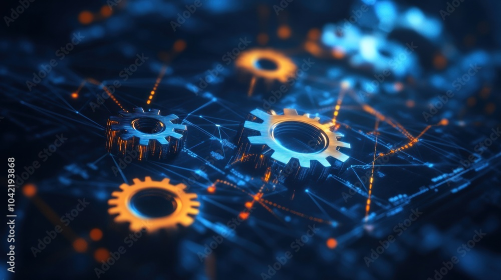 Poster close-up of silver gears interlocked with a network of lines and dots.