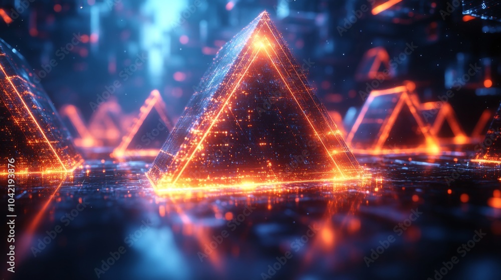 Poster A series of glowing pyramids shine brightly in a digital landscape, surrounded by shimmering lights and intricate patterns during twilight, creating a mesmerizing atmosphere.