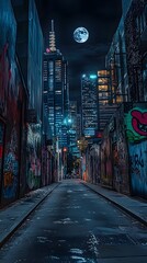 Fototapeta premium A photo of the empty streets at night, with graffiti on buildings and skyscrapers in view