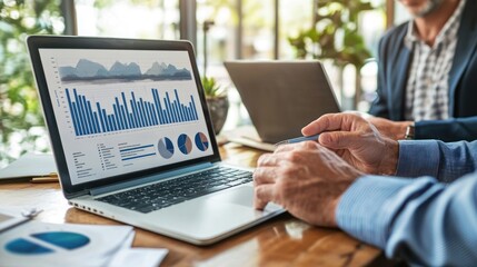 Two businessmen working together on a laptop computer, analyzing data and charts.