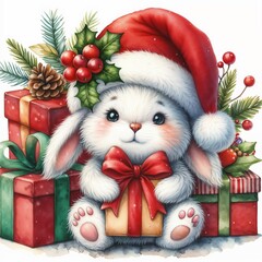 Plush bunny in red santa hat with christmas gifts. Watercolor new year card