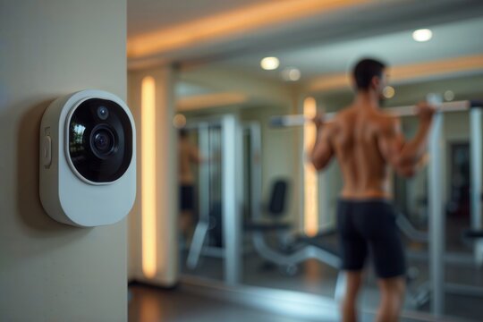 Home gym camera. Compact white security camera in foreground with person exercising in background.