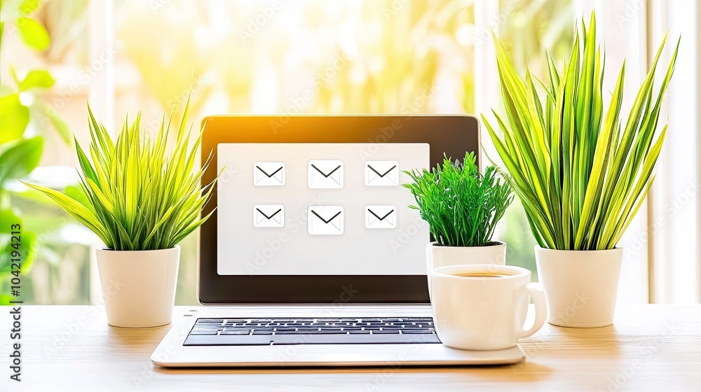 Poster a modern workspace featuring a laptop with an email app open, showcasing various messages in a brigh