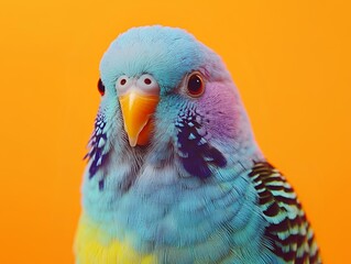 Colorful parakeet bird portrait on orange background.