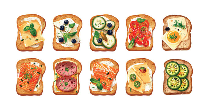Top view crunchy toasts cartoon vector set. Sausage tomato cheese salmon olive quick meal sandwich burger, healthy fresh toppings bread breakfast dinner food, isolated illustrations on white