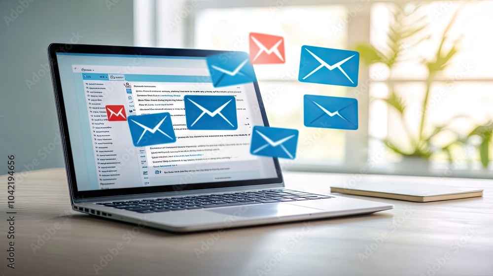 Poster a modern workspace featuring a laptop with an email app open, showcasing various messages in a brigh