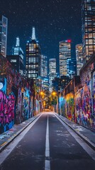 A photo of the empty streets at night, with graffiti on buildings and skyscrapers in view