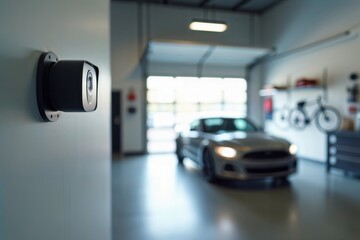Fototapeta premium Garage security. Wall-mounted surveillance camera overlooking car in modern garage interior.