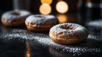 Aesthetic preparation of powdered sugar donut on a black themed kitchen. bokeh style.