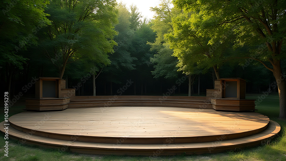 Poster an outdoor theater stage with a natural wooden platform, green trees in the background, empty and qu