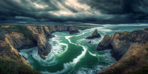 Seafoam Green Tidal Channels and Stormy Cliffs Landscape Photography