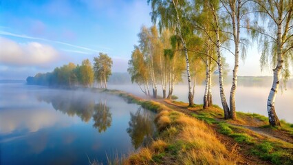 Obraz premium Reflection of the Volga River in fog with Birch trees on the bank