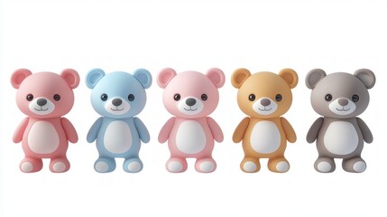Cartoon Teddy Bear Icons Collection, vibrant 3D teddy bear designs in a playful style, ideal for digital projects, games, and children's themes on a clear background.
