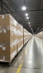 Obraz premium Stacked cardboard boxes on dollies in warehouse.