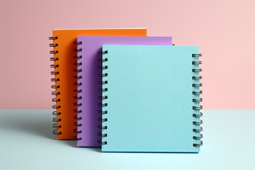 Colorful spiral notebooks stacked on a table against a pastel background