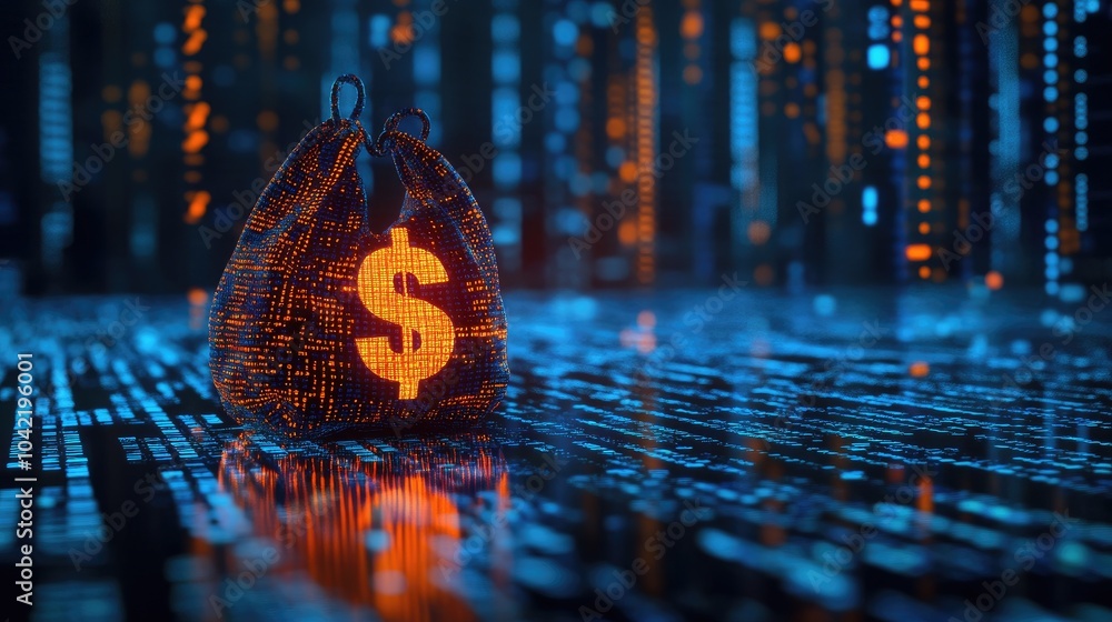 Poster digital moneybag highlighted against binary code, showing ai-powered financial tools transforming tr
