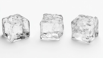 Ice cubes in a pristine arrangement on a bright background, showcasing their clear texture and sharp edges, ideal for beverages and culinary presentations.