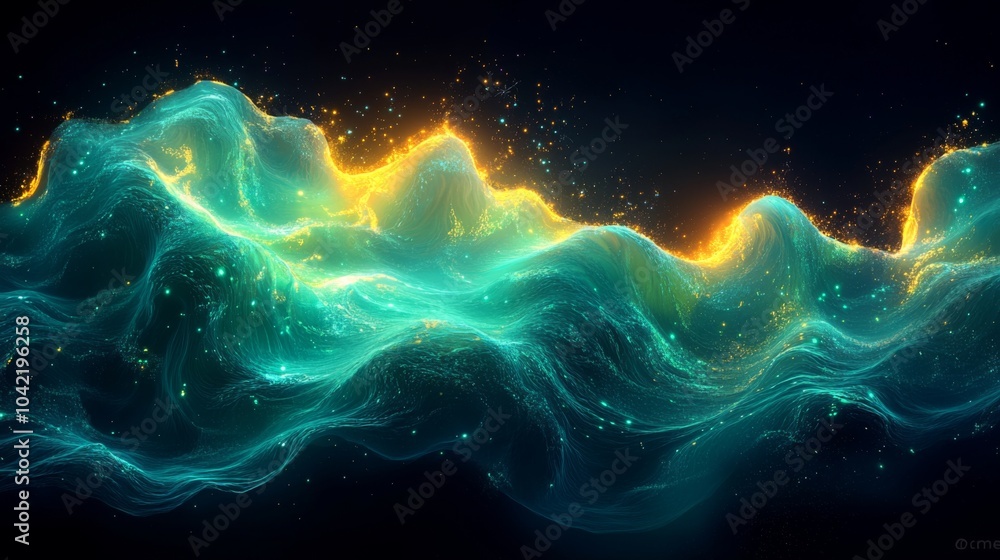 Poster a stunning ocean wave is depicted with vibrant blue and golden hues, creating a mesmerizing effect t