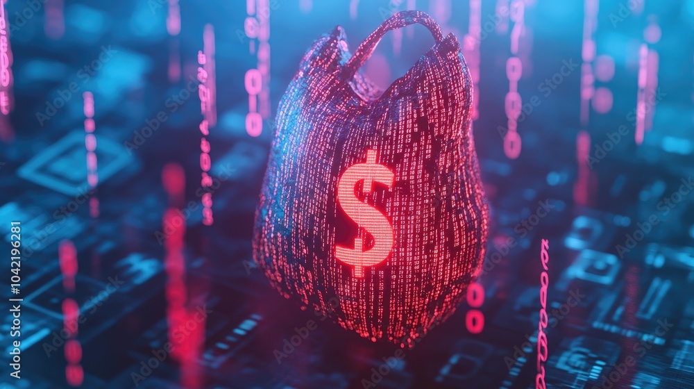 Poster digital moneybag icon with a dollar sign, surrounded by floating binary code, representing the integ