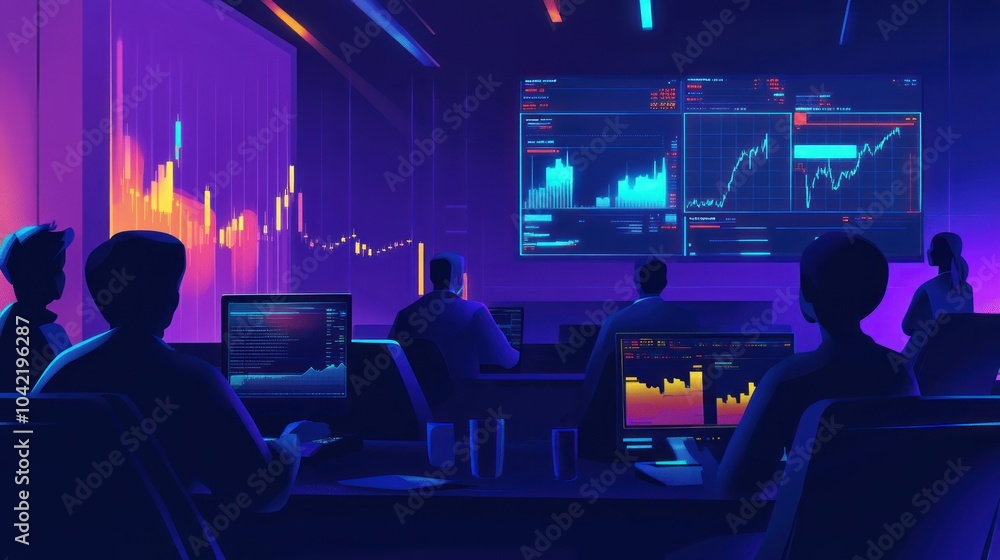 Poster a group of people working in a brightly lit room, with a large screen displaying charts and graphs, 