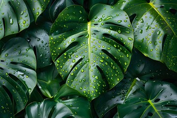 Fototapeta premium A bunch of green leaves with water droplets on them