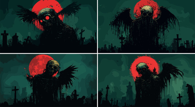 Undead cemetery monster cartoon vector concepts. Cross blood moon wings living dead skeleton zombie necro leech creature character horror poster movie illustrations
