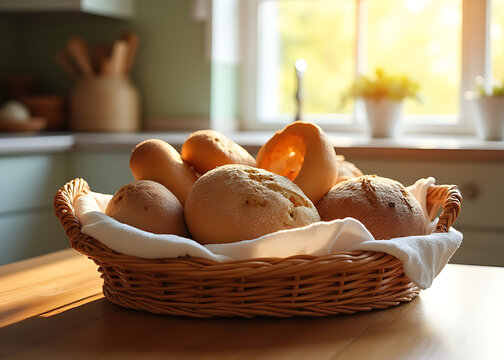 asket of freshly baked bread and pastries on a kitchen table, with sunlight pouring in through a window, symbolizing a warm and inviting morning.
