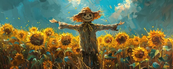 Colorful scarecrow illustration in sunflower field, bright and cheerful with blue skies and mountains. Free copy space for banner.