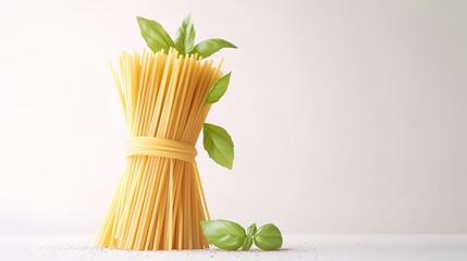 Bundle of raw spaghetti with basil leaves on light background.