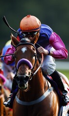 Jockey riding a brown horse in a race.