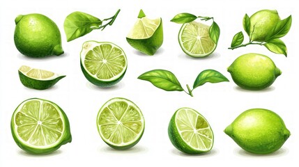 Limes on White Background, a vibrant display of fresh green limes, showcasing their textured skin and bright color against a clean, crisp white backdrop for a refreshing appeal
