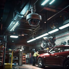 Garage Security Camera. A security camera monitors a car mechanic working on a vehicle in a well-lit auto repair shop.
