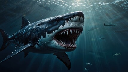 Fototapeta premium A great white shark with its mouth open, teeth bared, swims towards the surface of the water. Sunlight shines through the water above, casting a spotlight on the shark.