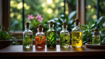 Six small glass bottles with cork tops containing various colored liquids and flowers inside, sitting on a wooden surface with a green window and plants out of focus in the background.