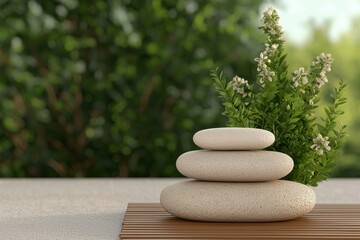 Smooth stones stacked in harmony with a green plant in a serene setting.