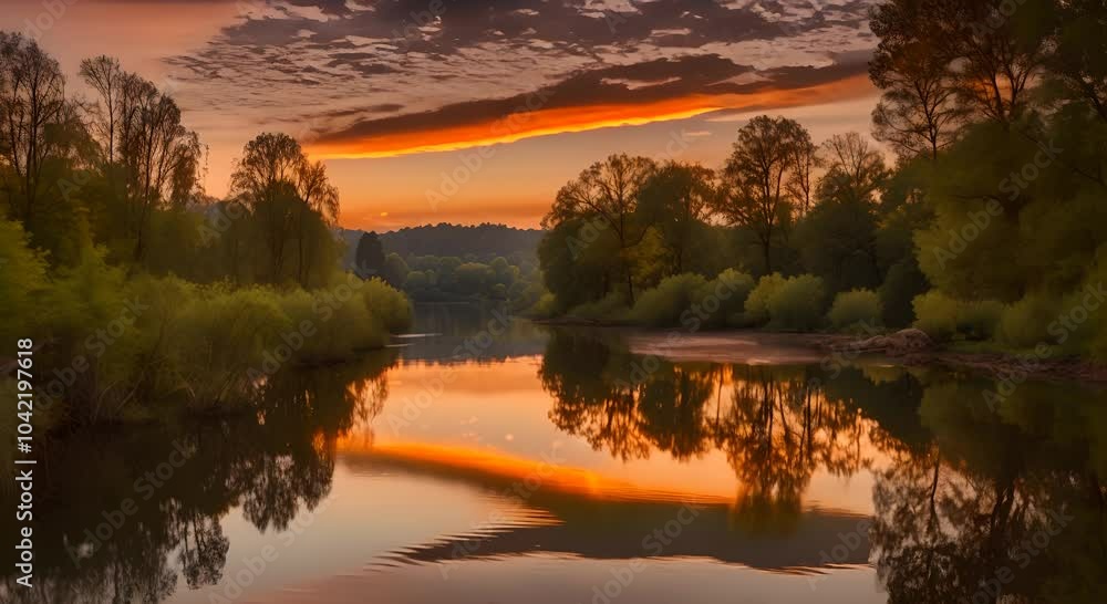 Poster reflection of the sunset on a river with trees in the background creating a serene scene 4k