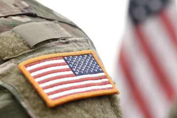Veterans Day. US soldiers. US army. USA patch flag on the US military uniform. United States Armed...