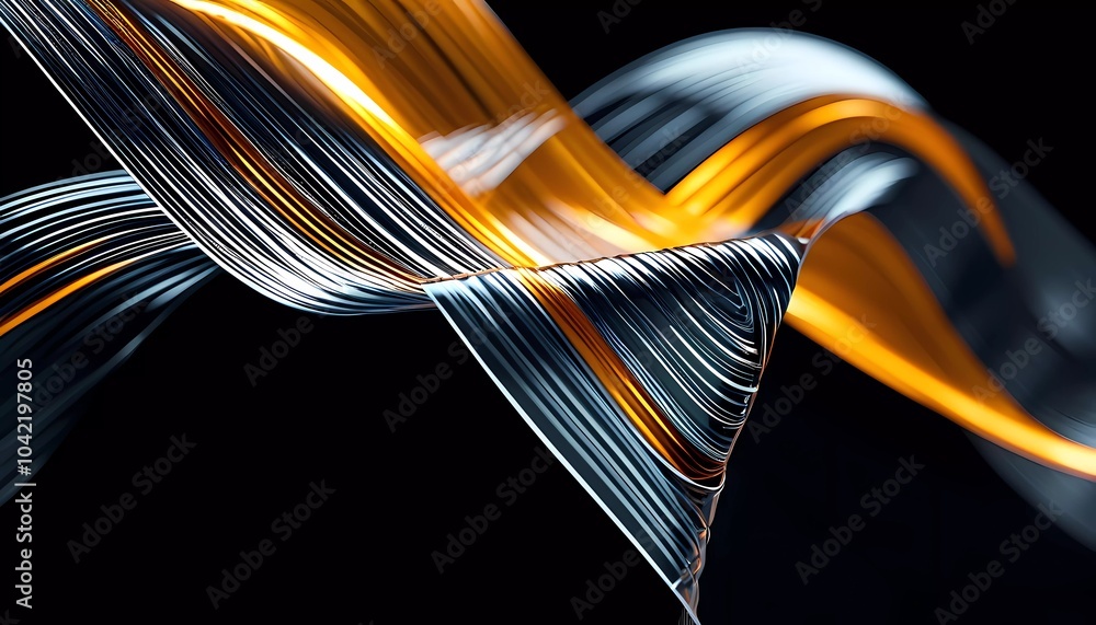 Poster fluid smooth lines intertwining on a deep black background, enriched by vibrant colors and a captiva