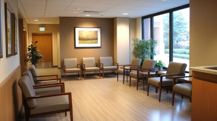 Inviting doctor's office waiting area with a calm atmosphere, complete with comfortable seating, soft lighting, and minimalist decor for patient relaxation.